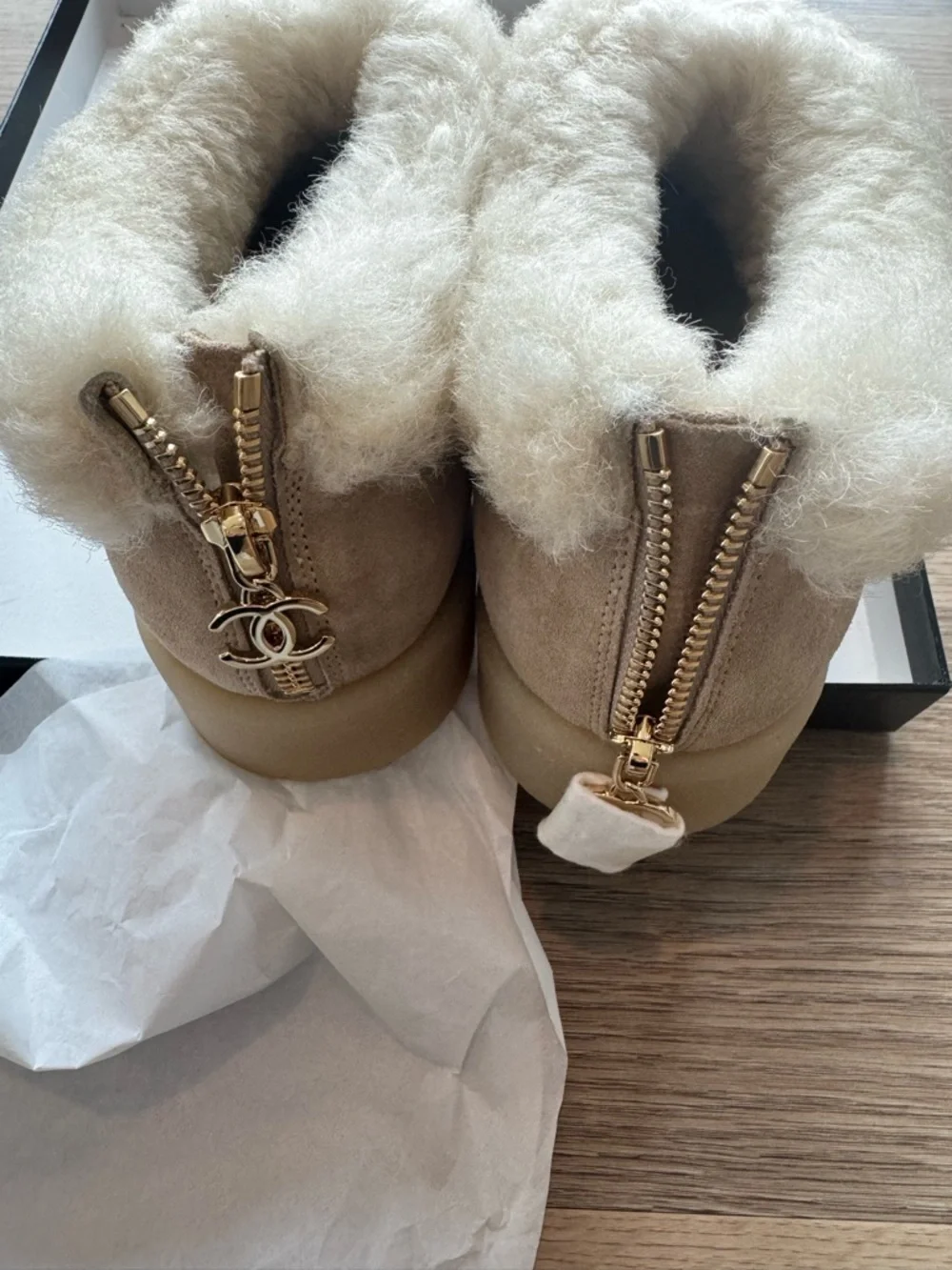 CHANEL Beige Suede Shearling Cuff Ankle Booties with Black Cap Toe - Picture 2 of 6